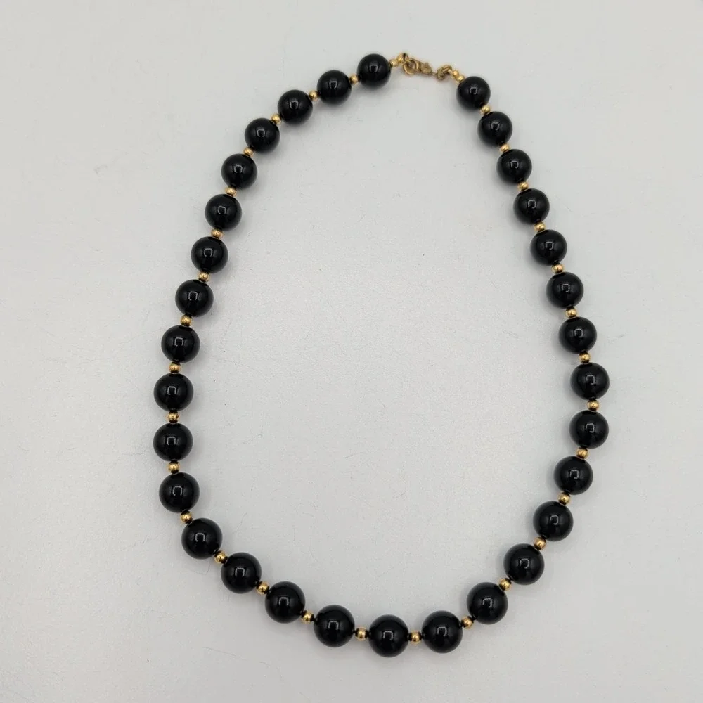 Vintage‎ Monet Black Beaded Choker Necklace Gold Tone Spacers 15